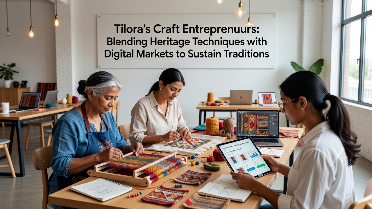 Digital marketplace interface displaying Tilora handmade goods alongside traditional workshop scenes