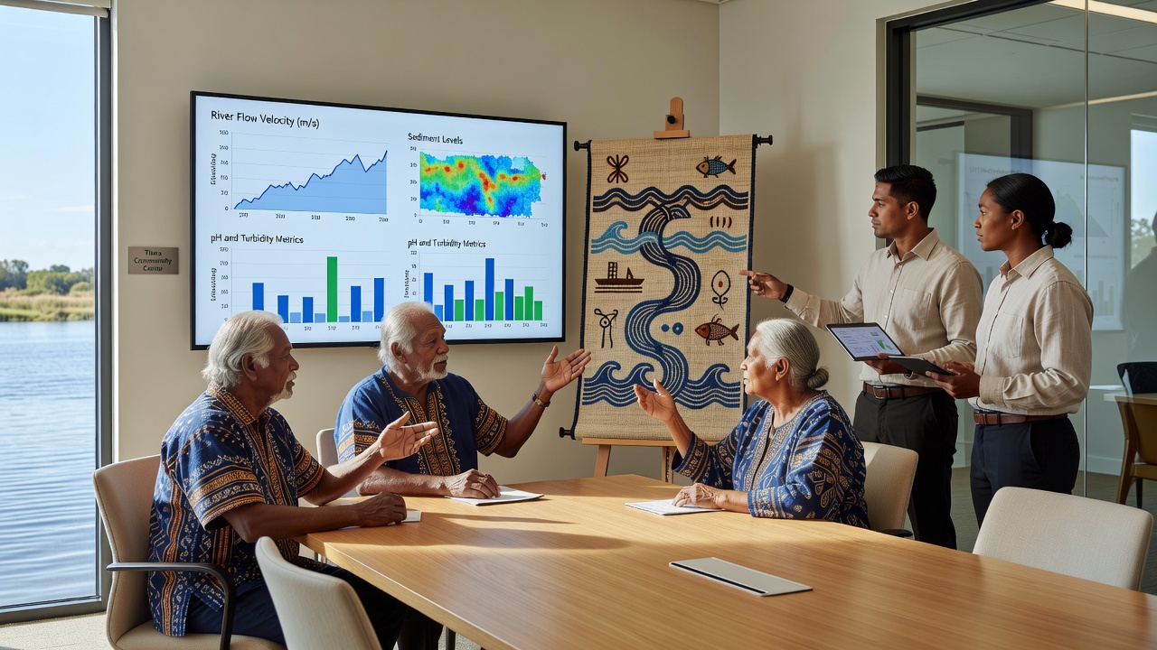 Community members review combined oral and sensor data on tablets during a riverside meeting